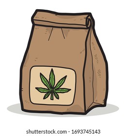 Marihuana Packsack / Cartoon Vektorillustration und Illustration, handgezeichnet, einzeln auf weißem Hintergrund.