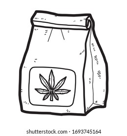 marijuana packing bag / cartoon vector and illustration, black and white, hand drawn, sketch style, isolated on white background.