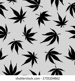 Nahtloses Muster schwarzen Hanfs auf grauem Hintergrund. Marijuana-Muster. Vector-Abbildung. 