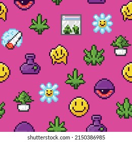 Marijuana Pixel Art Style Nft Cbd Weed Leaf Rave Seamless Pattern.