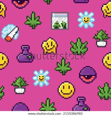 Marijuana pixel art style nft cbd weed leaf rave seamless pattern.
