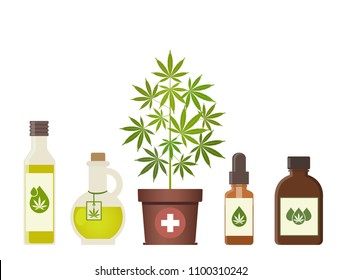 Marijuana Plant And Cannabis Oil. Medical Marijuana. Hemp Oil In A Jar. CBD Oil Hemp Products. Oil Glass Bottle Mock Up. Packaging Product Label And Logo Graphic Template. Vector Illustration.