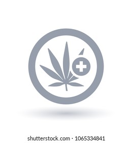 Marijuana plant leaf with cross icon in circle outline. Medical cannabis treatment symbol. Natural herbal medicine. Vector illustration.