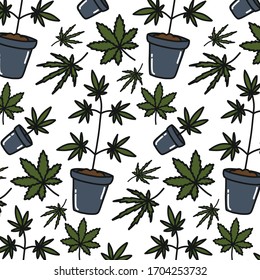 Planta de marihuana, patrón de doodle sin fisuras, ilustración vectorial