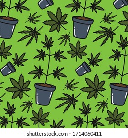 Planta de marihuana, patrón de doodle sin fisuras, ilustración vectorial