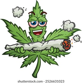 Marihuana Topf Blatt Cartoon-Charakter mit einer coolen Haltung und blutverschossenen roten Augen halten eine gigantische große brennende Doobie Joint und lächeln groß in seinem berauschten Zustand des Geistes