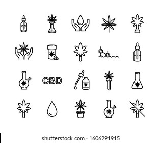 Marijuana Products. Cannabis. Leaf. Bong. CBD Oil. CBD Formula.  - Vector Icon Set