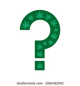 Marijuana Questions. Question mark made from cannabis leaves on a white background. Question mark as a metaphor for uncertainty for medical use and legal issues. Isolated vector.