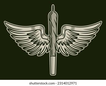 Marijuana rolled joint or cigarette with wings vector colored object or design element on dark background