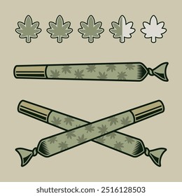 La marihuana enrolló las articulaciones y nivela la Ilustración vectorial de gradación. Conjunto de objetos de colores o Elementos de diseño sobre fondo claro