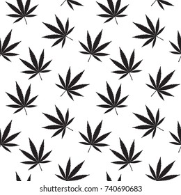 Marijuana Seamless Pattern. Black Marijuana Leaves On White Background. Vector Illustration. 
