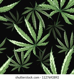 Marijuana seamless pattern. Cannabis, smoked in cigarettes, decor in green and black color, hemp plant divided serrated leaves