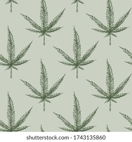 Patrón sin fisuras de la marihuana. Maleza verde. Dibujo manual. EPS vectorial 10. Imagen de Hashish. Diseño gráfico de papel de embalaje, diseño de páginas web, empaque. 