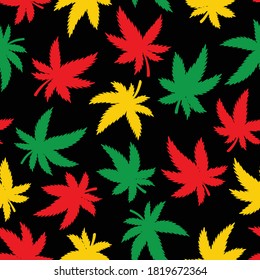 Marijuana seamless pattern. Hand drawn Rasta Cannabis leaf wallpaper. Vector illustration. For web, packaging, wrapping, fashion, decor, surface, graphic design