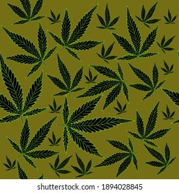 Patrón sin fisuras de la marihuana. En un fondo de camuflaje, un patrón verde abstracto, la marihuana en diferentes tamaños.