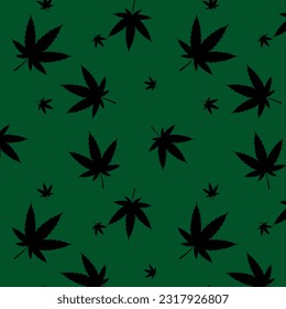 Patrón de marihuana sin fisuras sobre fondo verde, hoja de cannabis. Escarcha vectora aislada de papel de envoltura vegetal repetir diseño abstracto de fondo de papel tapiz para pantalla de impresión.

