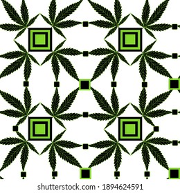 Patrón sin fisuras de la marihuana. En un fondo claro, patrón verde abstracto, marihuana y formas geométricas