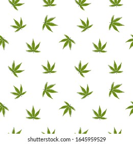 Marijuana nahtloses Muster auf weißem Hintergrund. Unkraut-Vektorillustration-Illustration. Cannabis-Laubtapete