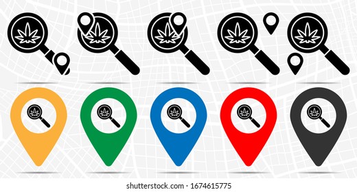 Marihuana, icono de búsqueda en conjunto de ubicaciones. Glifo simple, elemento de ilustración plana de iconos temáticos de marihuana