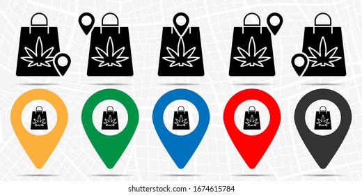Marihuana, icono de la tienda en el set de localizaciones. Glifo simple, elemento de ilustración plana de iconos temáticos de marihuana