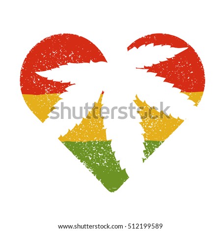 Marijuana silhouette in heart shape. Vector marijuana leaf and rastafarian flag grunge background