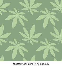 Marijuana silhouettes pastel seamless pattern. Light green tones drug print. Designed for wallpaper, textile, wrapping paper, fabric print. Vector illustration.