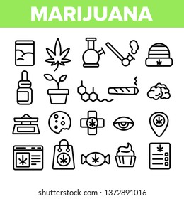 Marijuana Smoking Culture Linear Vector Icons Set. Cannabis Legalization Thin Line Contour Symbols Pack. Smoking Hemp Pictograms Collection. Rastaman culture. Drug Consumption Outline Illustrations