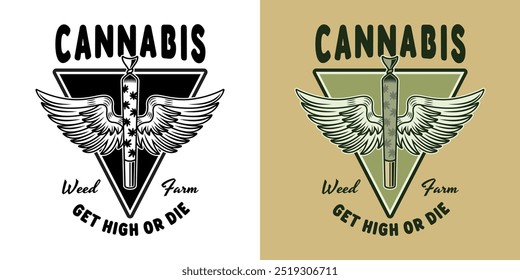 Marihuana spliff con alas ilustración de emblema de Vector en dos estilos, negro sobre blanco y de color