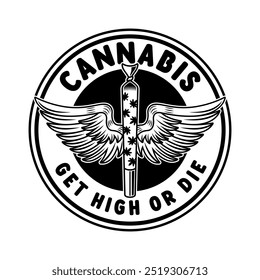 Marihuana-Spliff mit Flügeln, Vektoremblem-Illustration in schwarzem Stil, einzeln auf weißem Hintergrund