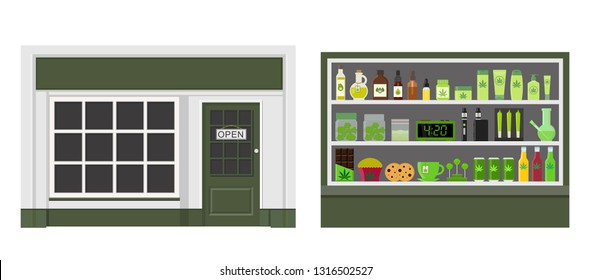 Marijuana store. Marijuana equipment and accessories for smoking, storing medical cannabis. Cannabis products. Marijuana Legalization. Isolated vector illustration.