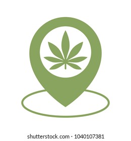 Marijuana store location icon. Map pointer. Cannabis, marijuana leaf. Weed pinpoint. Vector isolated illustration