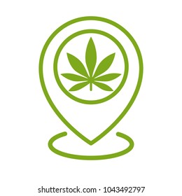 Marijuana store location icon. Map pointer. Cannabis, marijuana leaf. Weed pinpoint. Vector isolated illustration