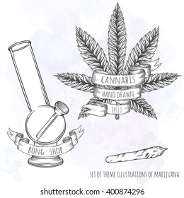 Marijuana stuff collection. Hand drawn isolated illustrations on watercolor background.