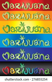 Marijuana stylized hand written text with green leaf symbol vector illustration 