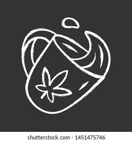 Marijuana tea chalk icon. Weed product. Cannabis industry. Relaxing CBD drink. Cup with ganja leaf. Hemp legalization, distribution and sale. Drug use. Isolated vector chalkboard illustration
