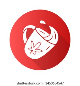 Marijuana tea flat design long shadow glyph icon. Weed product. Cannabis industry. Relaxing CBD drink. Cup with ganja leaf. Hemp legalization and sale. Drug use. Vector silhouette illustration