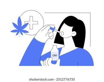 A maconha tinge ilustrações isoladas de desenhos animados vetoriais. Pessoa tomando tinturas de maconha, uso de produtos CBD, óleo de maconha recreativa, cânhamo legalizado, desenho médico de vetor de ervas daninhas.