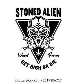 Marihuana-Vektoremblem mit gesteinigtem Alien und zwei gekreuzten Spliffs in schwarzem Stil auf weißem Hintergrund