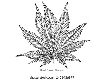 Marijuana vector illustration in black ink sketch style. Wood carving. White background. Black and white.