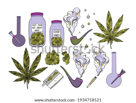 Marijuana vector set. Drug consumption, cannabis and smoking drugs collection.Fun doodle illustration of smoking equipment.