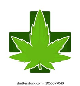 Marijuana weed green leaf in pharmacy cross. Vector flat cartoon character illustration icon design.Isolated on white background.Marijuana,medical and recreation cannabis
