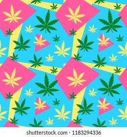 Marijuana,green weed, dope seamless pattern with abstract color geometry. Vector illustration background design isolated on black background.Marihuana leaf,herb,narcotic,smoke weed,textile concept