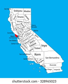 Marin County (California, United States of America) vector map isolated on background. Editable map of California.