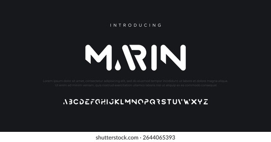 Marin Modern minimal logo alphabet font. Typography abstract minimalist round sans serif technology, electronic, movie, creative logos fonts. vector illustration 