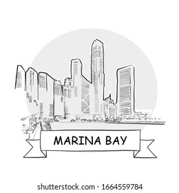 Cartel del vector urbano dibujado a mano en Marina Bay. Ilustración de arte en línea negra con cinta de opciones y título.