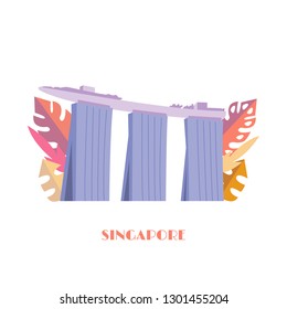 Marina Bay Sands building vector illustration. Singapore landmark. Singapore famous hotel with tropical leaves isolated on white background.