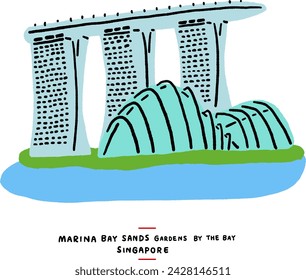 Marina Bay Sands Singapore cityscape Landmark destination Hand drawn Colour Illustration