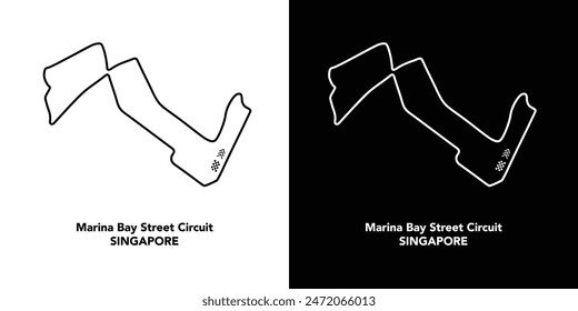 Marina Bay Street Circuit for autosport and motorsport. Isolated editable vector illustration on white and black background