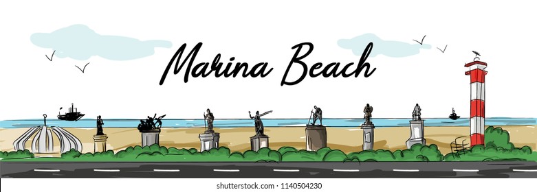 Marina Beach Illustration, Chennai.