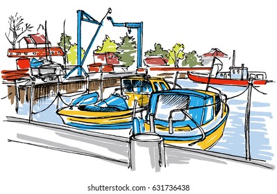 Marina with boats sketch